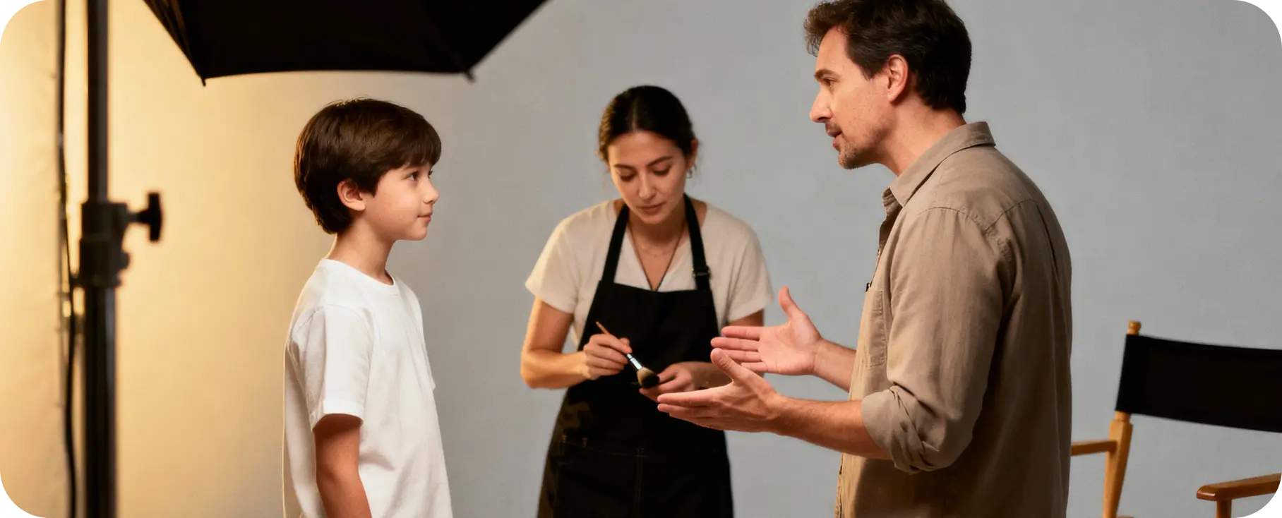 Scena z planu zdjęciowego: mężczyzna instruuje młodego modela, w tle widać wizażystkę przygotowującą się do pracy w studio.