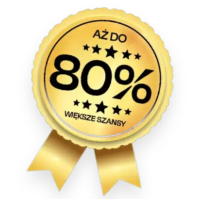 Złoty medal z pięcioma gwiazdkami i napisem „Aż do 80% większe szanse”, sugerujący korzyści z posiadania profesjonalnego portfolio.